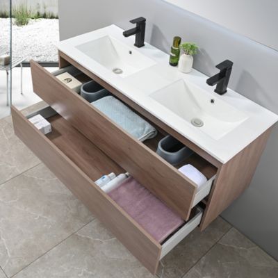 Meuble de salle de bain double vasque 120cm bois foncé avec miroir LED LuxuryBain-