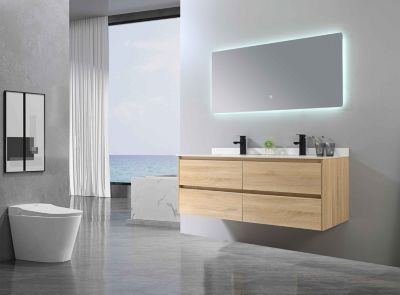 Meuble de salle de bain double vasque 140cm bois et blanc effet marbre avec miroir LED LB-8475 LuxuryBain-