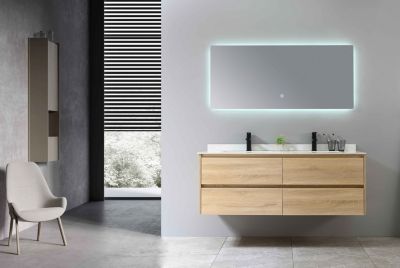 Meuble de salle de bain double vasque 140cm bois et blanc effet marbre avec miroir LED LB-8475 LuxuryBain-