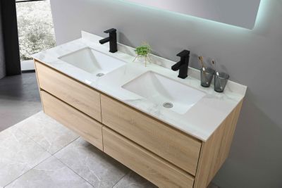 Meuble de salle de bain double vasque 140cm bois et blanc effet marbre avec miroir LED LB-8475 LuxuryBain-