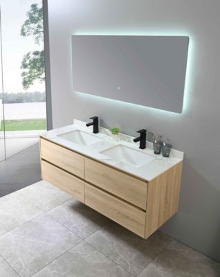 Meuble de salle de bain double vasque 140cm bois et blanc effet marbre avec miroir LED LB-8475 LuxuryBain-