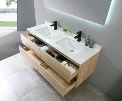Meuble de salle de bain double vasque 140cm bois et blanc effet marbre avec miroir LED LB-8475 LuxuryBain-