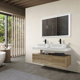 Meuble de salle de bain double vasque 140cm bois et effet marbre avec miroir LED  LuxuryBain-