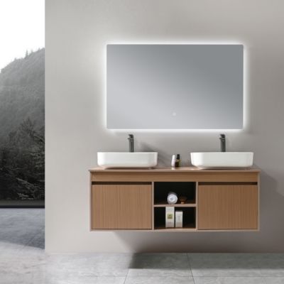 Meuble de salle de bain double vasque 140cm bois foncé avec miroir LED LuxuryBain-