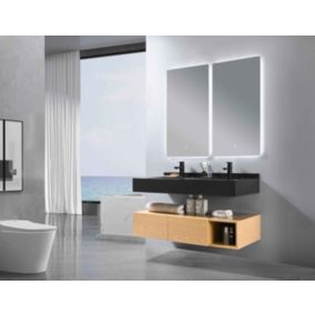 Meuble de salle de bain double vasque 150cm bois et noir avec miroir LED à luminosité variable LB-8470-150 LuxuryBain-