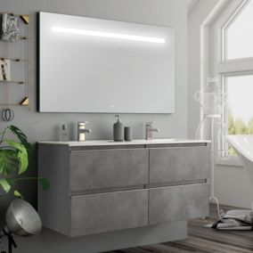 Meuble de salle de bain double vasque - 4 tiroirs - BALEA et miroir Led STAM - ciment (gris) - 120cm