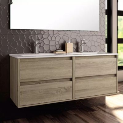 Meuble de salle de bain double vasque - 4 tiroirs - IRIS et miroir Led STAM - cambrian (chêne) - 120cm