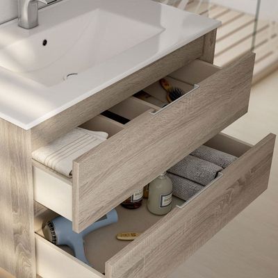 Meuble de salle de bain double vasque - 4 tiroirs - IRIS et miroir Led STAM - cambrian (chêne) - 120cm