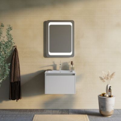 Meuble De Salle De Bain Gris Clair Mat 60Cm, Lavabo Et Miroir 60X80 - Monaco