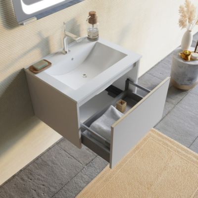 Meuble De Salle De Bain Gris Clair Mat 60Cm, Lavabo Et Miroir 60X80 - Monaco