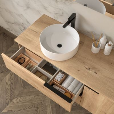 Meuble de salle de bain KING avec vasque à poser ronde et miroir Led STAM - Roble (chêne clair) - 120cm