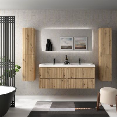 Meuble de salle de bain KIRA Chêne 140cm 4 tiroirs   Vasque Toscana 2 cuves Charge minérale