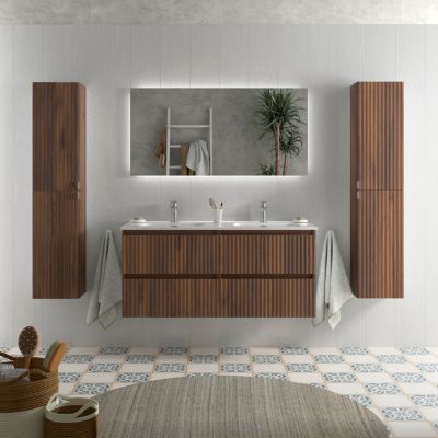 Meuble de salle de bain KIRA Noyer 120cm 4 tiroirs   Vasque 2 cuves Porcelaine