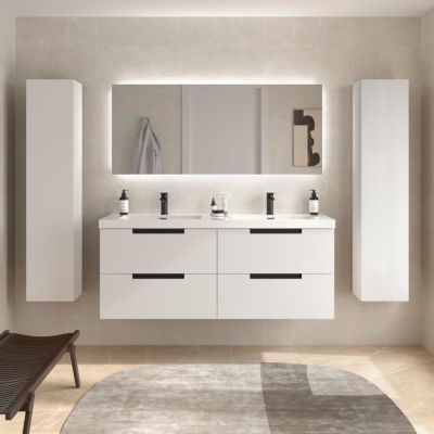 Meuble de salle de bain LENI Blanc mat 140cm 4 tiroirs   Vasque Toscana 2 cuves Charge minérale