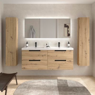 Meuble de salle de bain LENI Chêne 140cm 4 tiroirs   Vasque Toscana 2 cuves Charge minérale