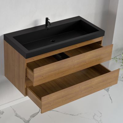 Meuble de salle de bain LOMAZOO Monaco chêne chaud - lavabo noir - 100cm