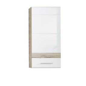 Meuble de salle de bain - Meuble haut en mélaminé blanc et chêne. L-H-P : 37 - 77 - 24 cm