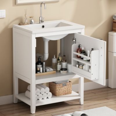 Meuble de Salle de Bain, Meuble sous Vasque avec Lavabo en Céramique et Étagère Pratique, Rangement Intégré - MDF - Blanc