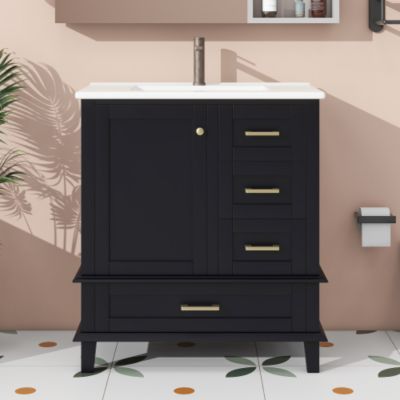 Meuble de salle de bain moderne avec vasque en céramique - 1 porte et 3 tiroirs - Étagères réglables - Laqué - MDF - Noir