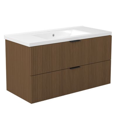 Meuble de salle de bain mural 100 cm Noyer - 2 tiroirs + Lavabo Céramique, AICA Sanitaire