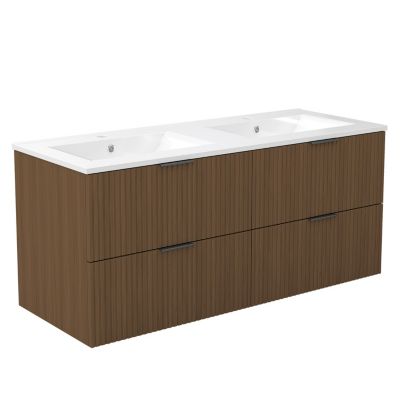 Meuble de salle de bain mural 120 cm Noyer - 4 tiroirs + Lavabo double en céramique, AICA Sanitaire
