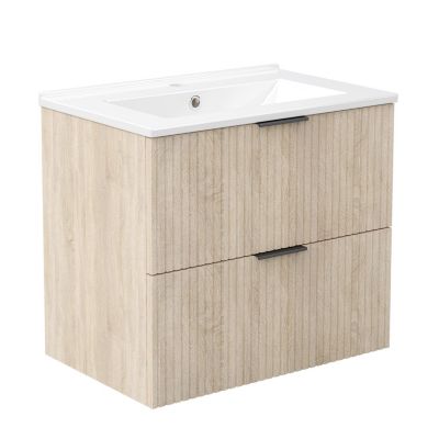 Meuble de salle de bain mural 60 cm Chêne - 2 tiroirs, lavabo céramique, Panneau AICA Sanitaire