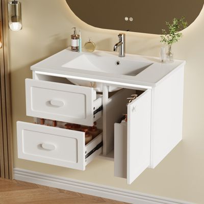 Meuble de salle de bain mural 76 x 46 x 51 cm, vasque intégrée, entièrement laqué, LED à induction, 2 tiroirs, blanc