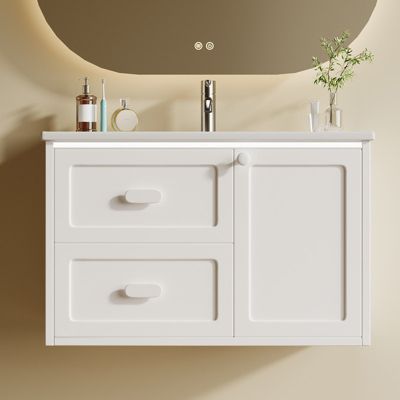Meuble de salle de bain mural 76 x 46 x 51 cm, vasque intégrée, entièrement laqué, LED à induction, 2 tiroirs, blanc
