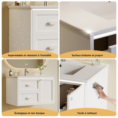 Meuble de salle de bain mural 76 x 46 x 51 cm, vasque intégrée, entièrement laqué, LED à induction, 2 tiroirs, blanc