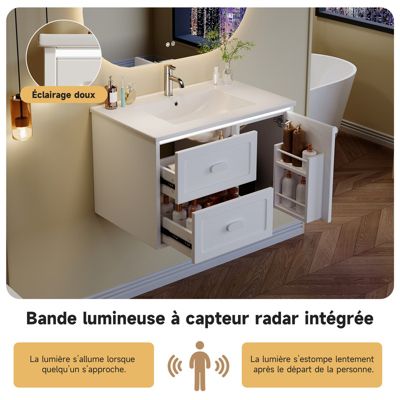 Meuble de salle de bain mural 76 x 46 x 51 cm, vasque intégrée, entièrement laqué, LED à induction, 2 tiroirs, blanc