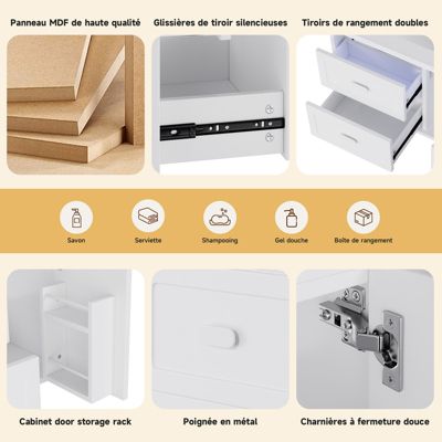 Meuble de salle de bain mural 76 x 46 x 51 cm, vasque intégrée, entièrement laqué, LED à induction, 2 tiroirs, blanc