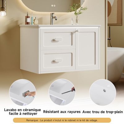 Meuble de salle de bain mural 76 x 46 x 51 cm, vasque intégrée, entièrement laqué, LED à induction, 2 tiroirs, blanc