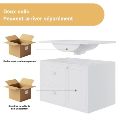 Meuble de salle de bain mural 76 x 46 x 51 cm, vasque intégrée, entièrement laqué, LED à induction, 2 tiroirs, blanc