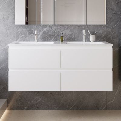 Meuble de salle de bain mural de 120cm avec lavabo,comprend 4 tiroirs à fermeture douce, blanc mat, Ocean Sanitaire