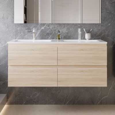 Meuble de salle de bain mural de 120cm avec lavabo,comprend 4 tiroirs à fermeture douce, Chêne mat, Ocean Sanitaire