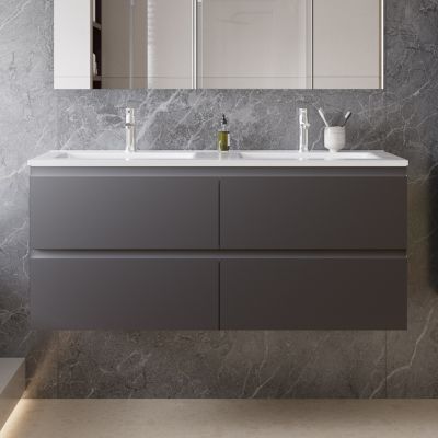 Meuble de salle de bain mural de 120cm avec lavabo,comprend 4 tiroirs à fermeture douce, gris mat, Ocean Sanitaire
