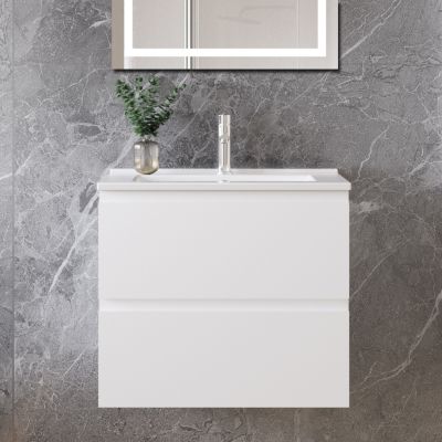 Meuble de salle de bain mural de 60cm avec lavabo,comprend 2 tiroirs à fermeture douce, blanc mat, Ocean Sanitaire