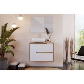 Meuble de salle de bain NEA 2 tiroirs 80 cm chêne et blanc T-BATH Inclus lavabo et miroir