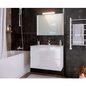 Meuble de salle de bain NELI 2 tiroirs 80 cm blanc brillant T-BATH Inclus lavabo, miroir et applique LED