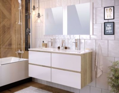 Meuble de salle de bain NELI 4 tiroirs 120 cm chêne et blanc T-BATH Inclus lavabo et miroir