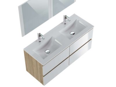 Meuble de salle de bain NELI 4 tiroirs 120 cm chêne et blanc T-BATH Inclus lavabo et miroir