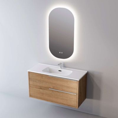 Meuble de salle de bain plan vasque Céramique, 2 Tiroirs Chêne Naturel, Poignée Inox Satiné, l100xh54xp45, Effet 3D, LISTELLO