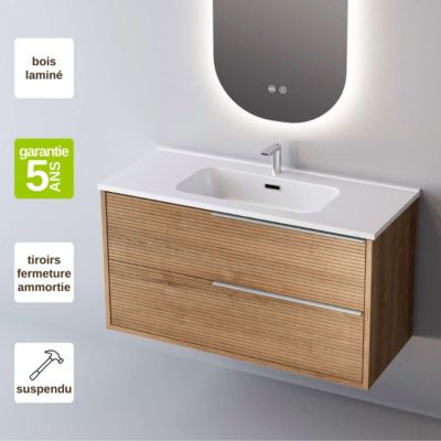 Meuble de salle de bain plan vasque Céramique, 2 Tiroirs Chêne Naturel, Poignée Inox Satiné, l100xh54xp45, Effet 3D, LISTELLO