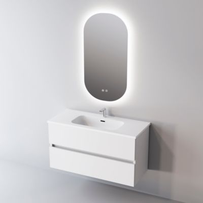 Meuble de salle de bain plan vasque Céramique, 2 Tiroirs,l100xh54xp45, Laqué Blanc Brillant, ANCONA