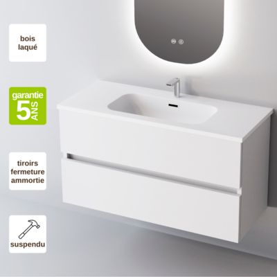 Meuble de salle de bain plan vasque Céramique, 2 Tiroirs,l100xh54xp45, Laqué Blanc Brillant, ANCONA