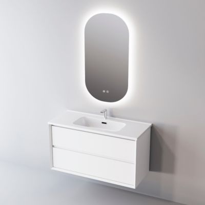 Meuble de salle de bain plan vasque Céramique, 2 Tiroirs,l100xh54xp45, Laqué Blanc Mat, COOL