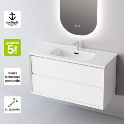 Meuble de salle de bain plan vasque Céramique, 2 Tiroirs,l100xh54xp45, Laqué Blanc Mat, COOL