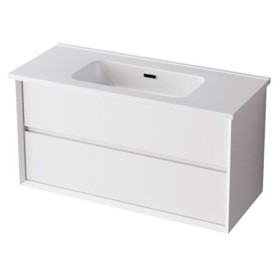 Meuble de salle de bain plan vasque Céramique, 2 Tiroirs,l100xh54xp45, Laqué Blanc Mat, COOL
