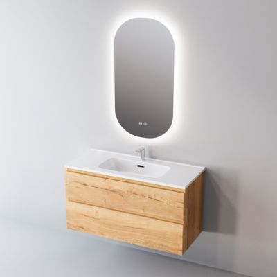 Meuble de salle de bain plan vasque Céramique, 2 Tiroirs,l60xh54xp45, Chêne Clair, STEP