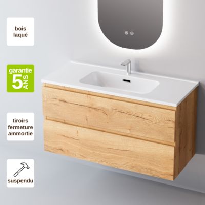 Meuble de salle de bain plan vasque Céramique, 2 Tiroirs,l60xh54xp45, Chêne Clair, STEP